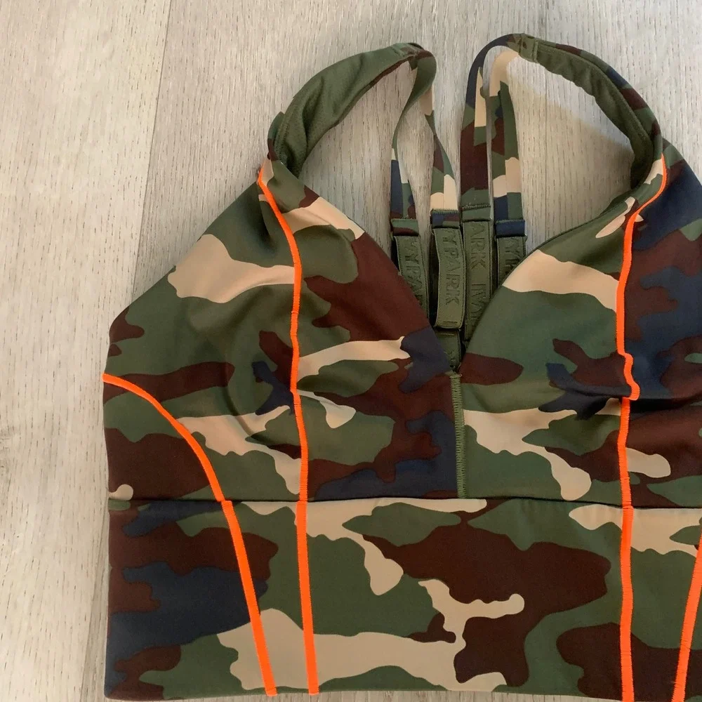Adidas x Ivy Park Camo Sports Bra Neon Orange Piping Green Brown Camouflage